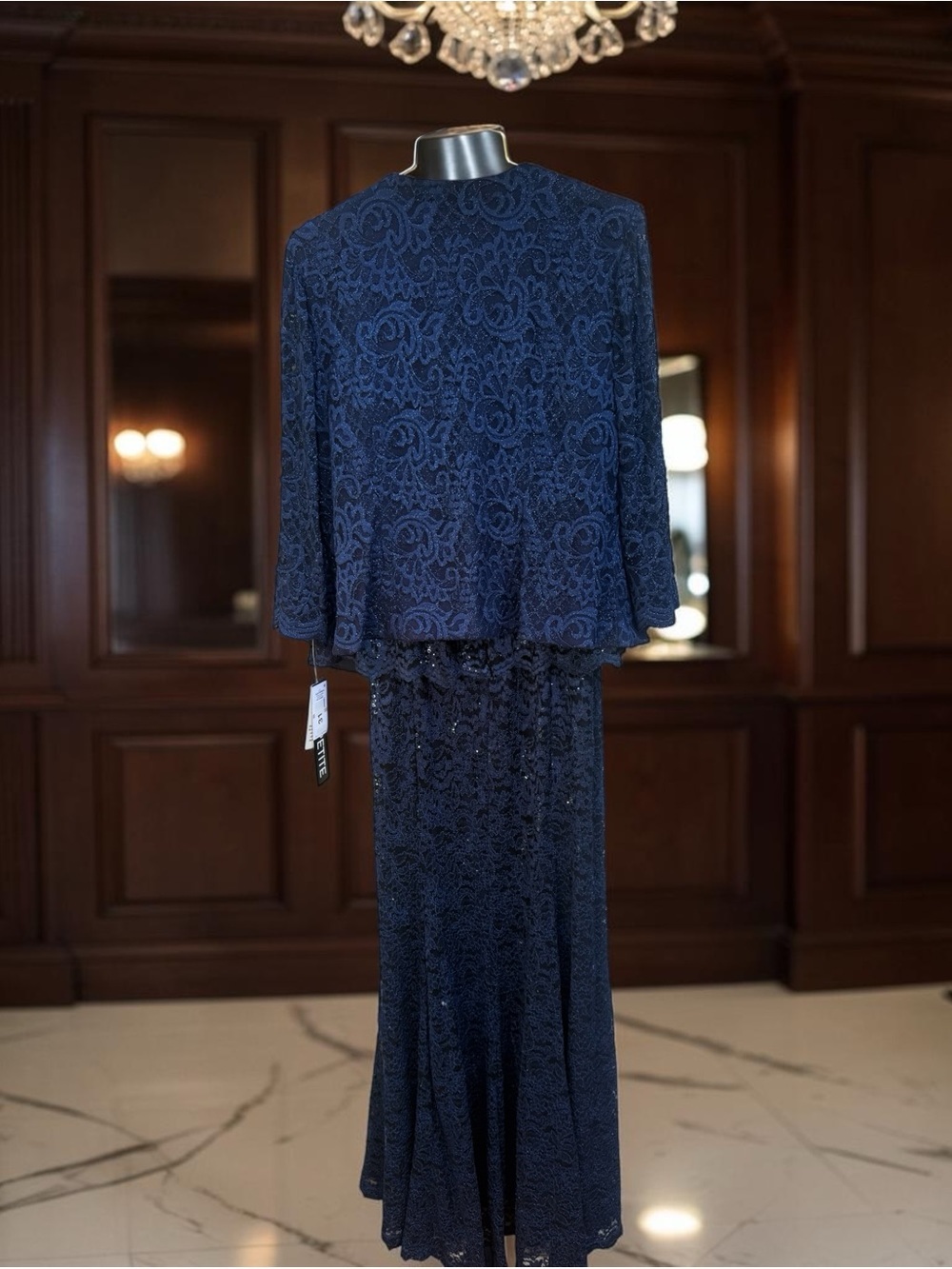 Alex Evenings Navy Beaded Lace Evening Gown with Jacket - Picture 3 of 6